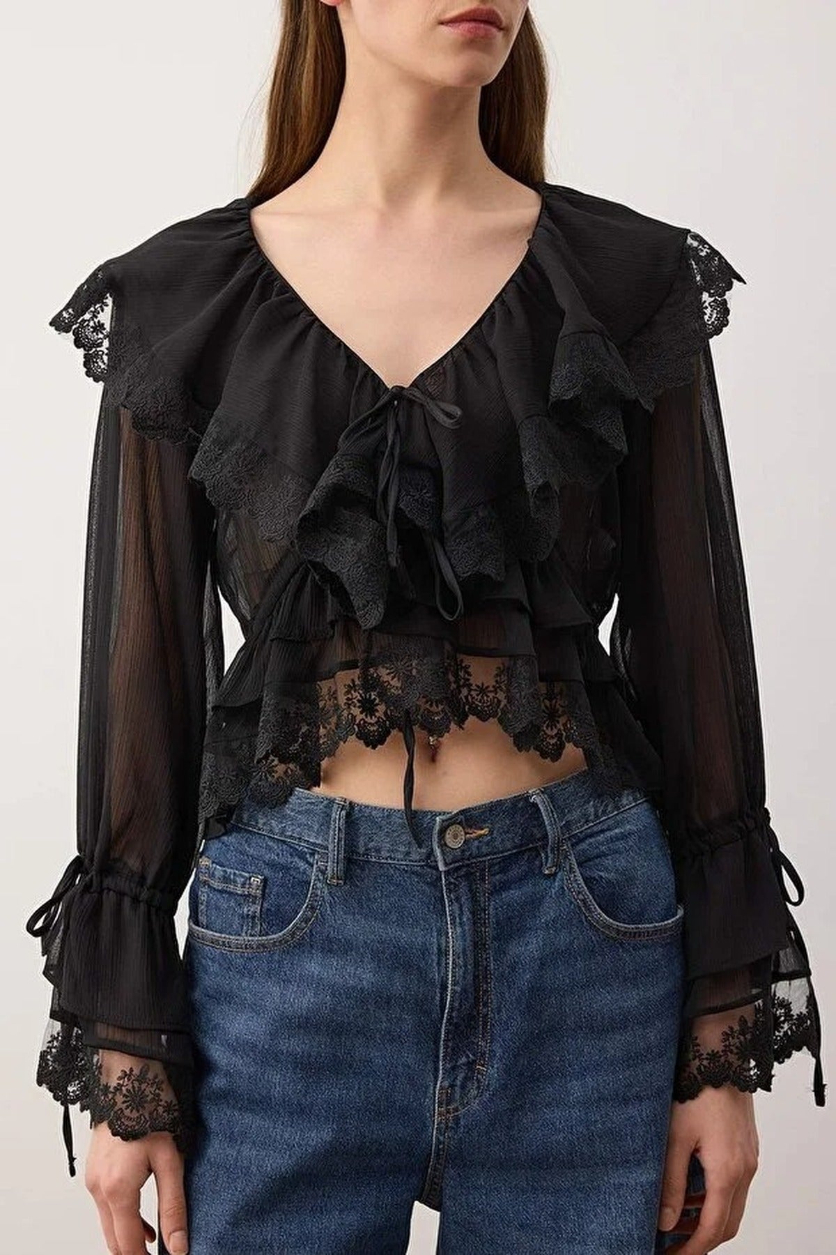 Lace-Detailed Ruffled Woven Party Blouse