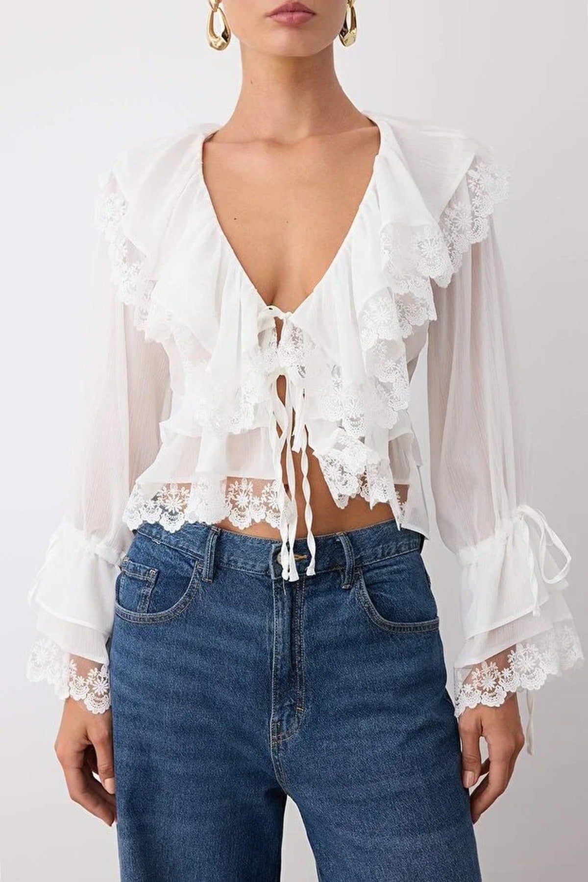 Lace-Detailed Ruffled Woven Party Blouse