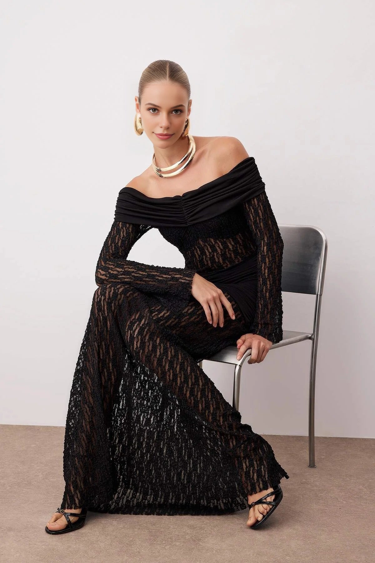 Carmen Collar Lace Knit Elegant Maxi Evening Dress