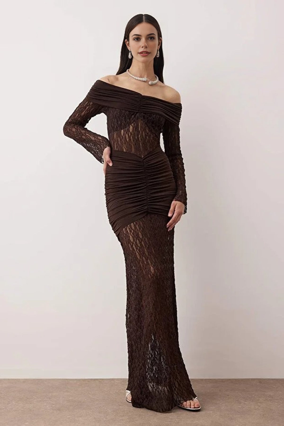 Carmen Collar Lace Knit Elegant Maxi Evening Dress