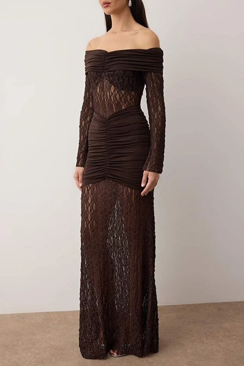 Carmen Collar Lace Knit Elegant Maxi Evening Dress