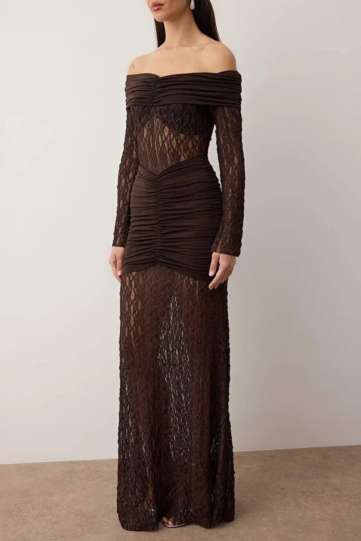 Carmen Collar Lace Knit Elegant Maxi Evening Dress