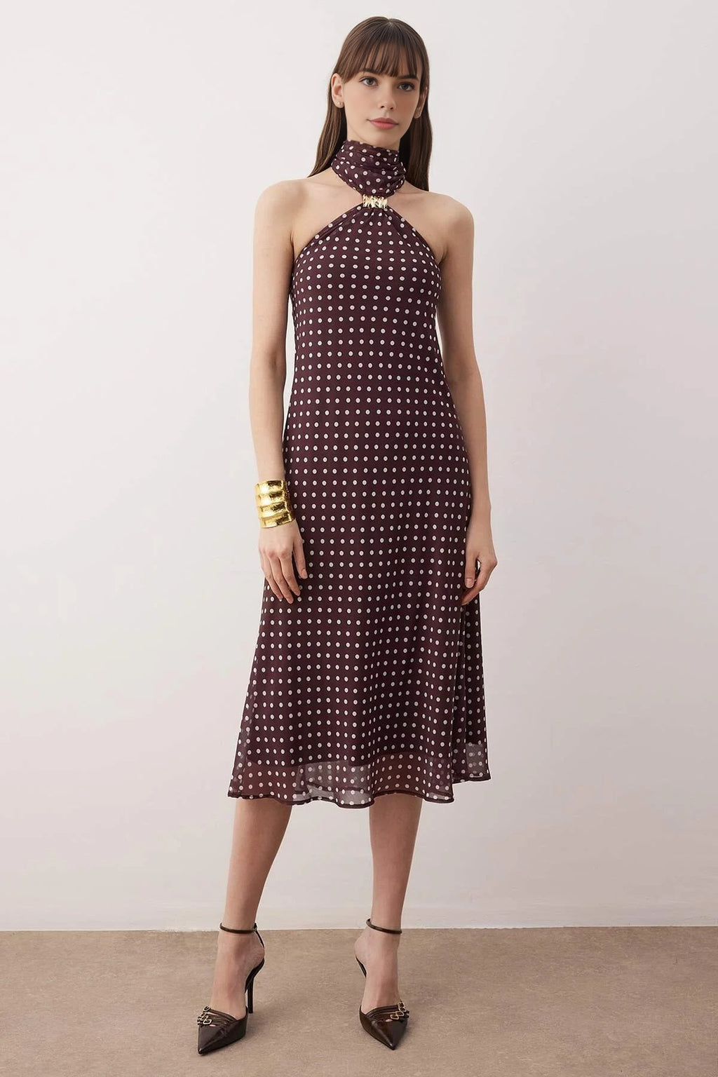 Polka Dot Chiffon Lined Midi Dress