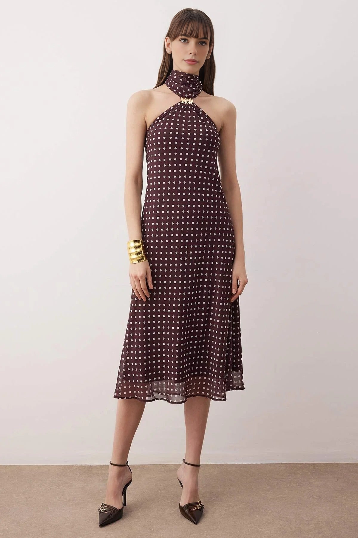 Polka Dot Chiffon Lined Midi Dress