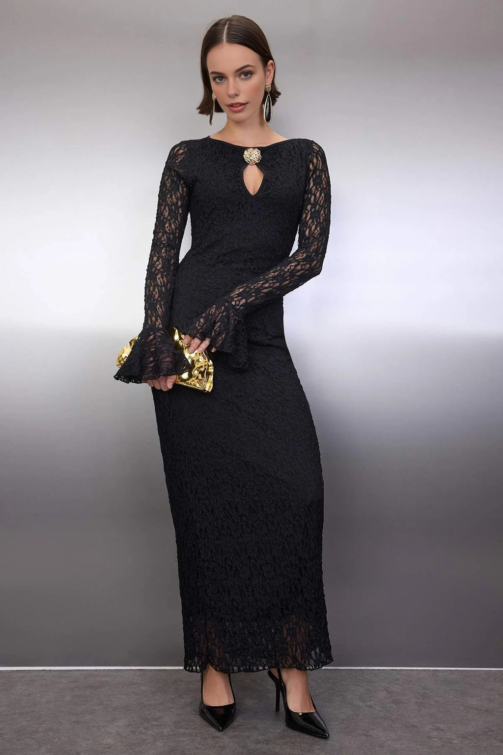 Lace Maxi Lined Evening Dress with Accessory Detail