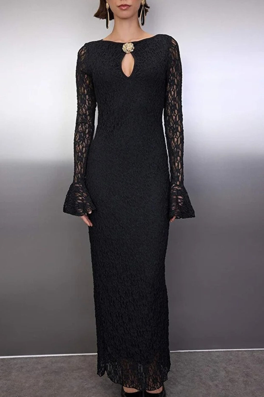 Lace Maxi Lined Evening Dress with Accessory Detail