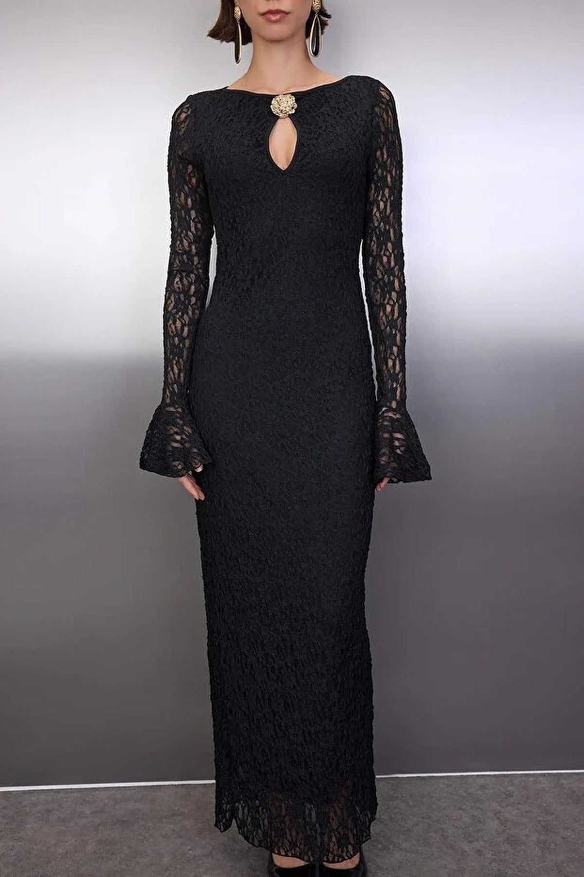 Lace Maxi Lined Evening Dress with Accessory Detail