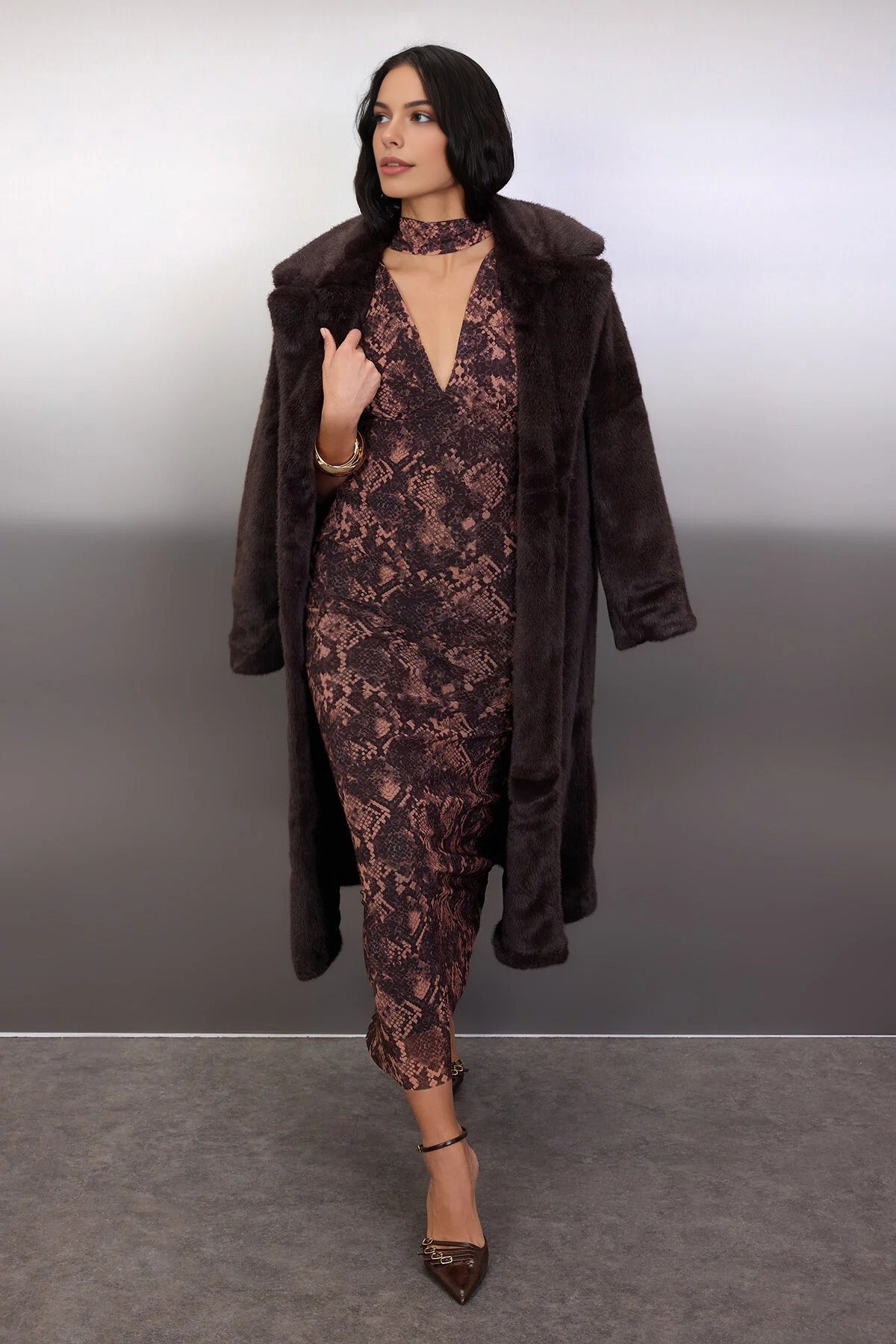 Animal Knit Tulle Maxi Evening Dress with Shawl Detail