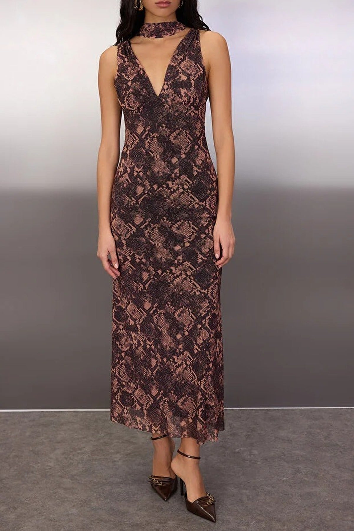 Animal Knit Tulle Maxi Evening Dress with Shawl Detail