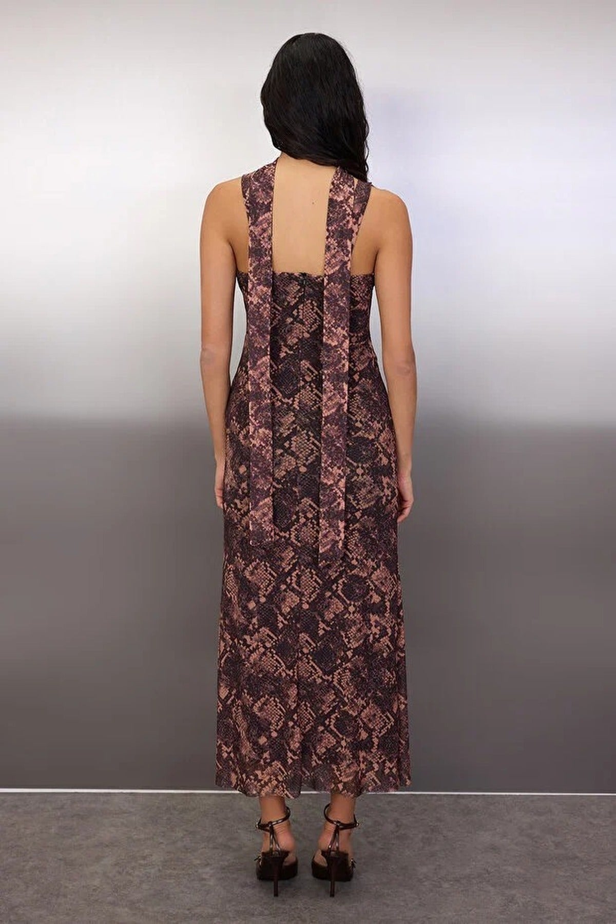 Animal Knit Tulle Maxi Evening Dress with Shawl Detail