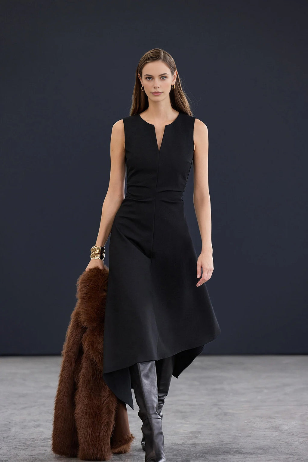 Asymmetrical V-Neck Midi Stretch Knit Dress