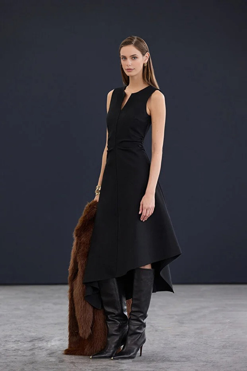 Asymmetrical V-Neck Midi Stretch Knit Dress