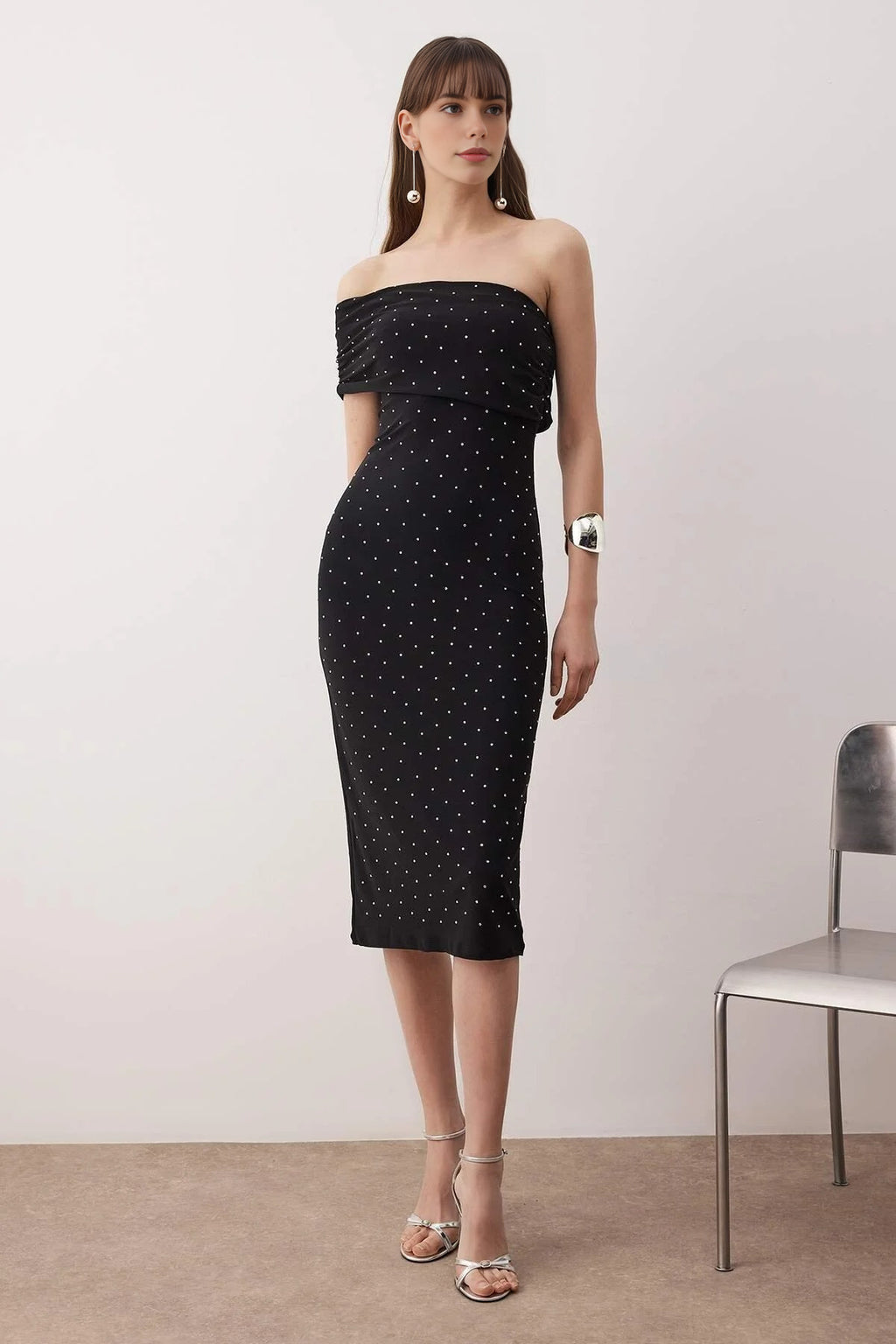 Stone Print One Shoulder Knit Midi Unlined Dress