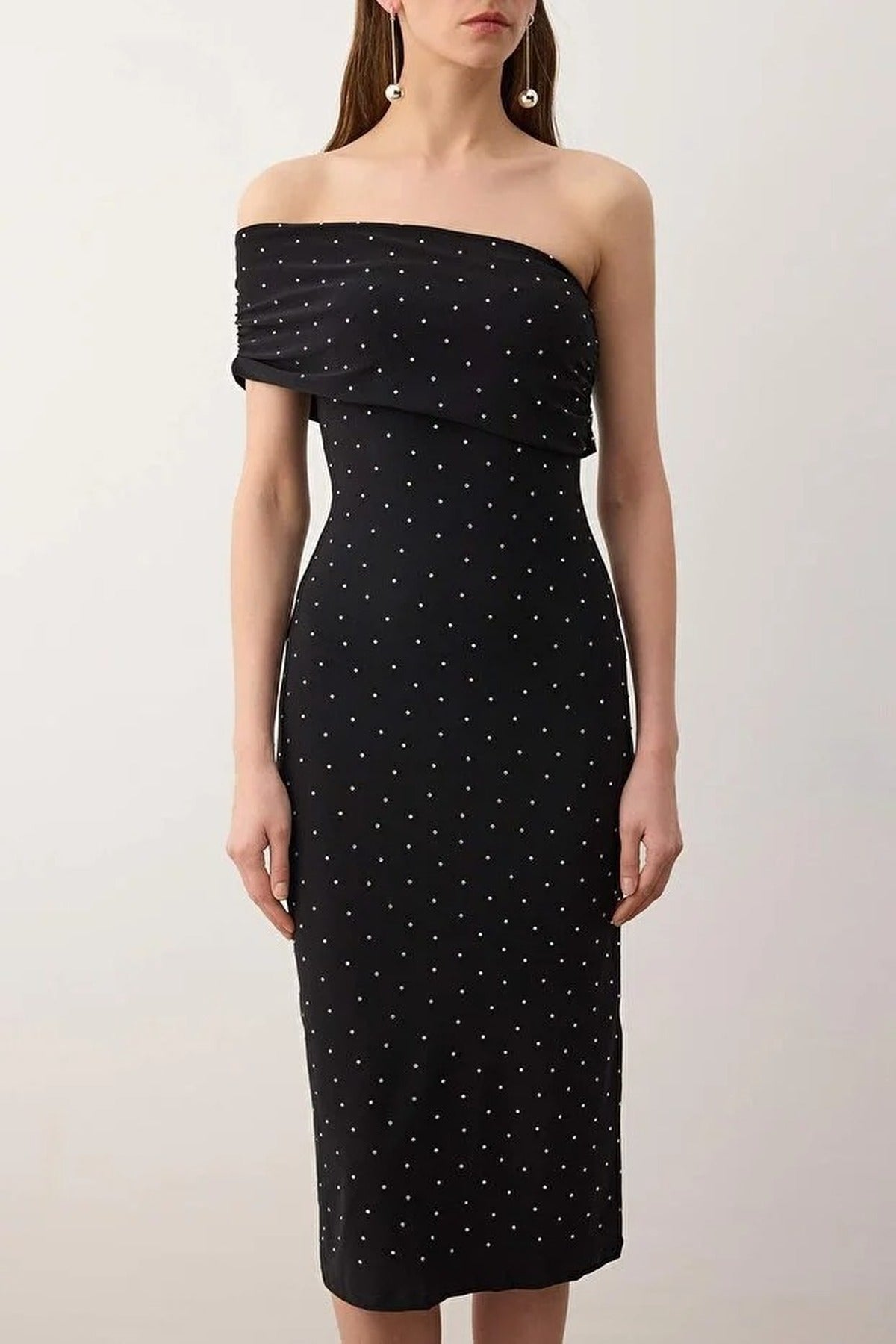 Stone Print One Shoulder Knit Midi Unlined Dress