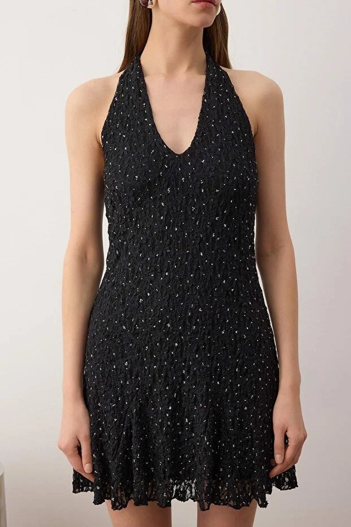 Halter Neck Lace Mini Lined Dress with Stone Print