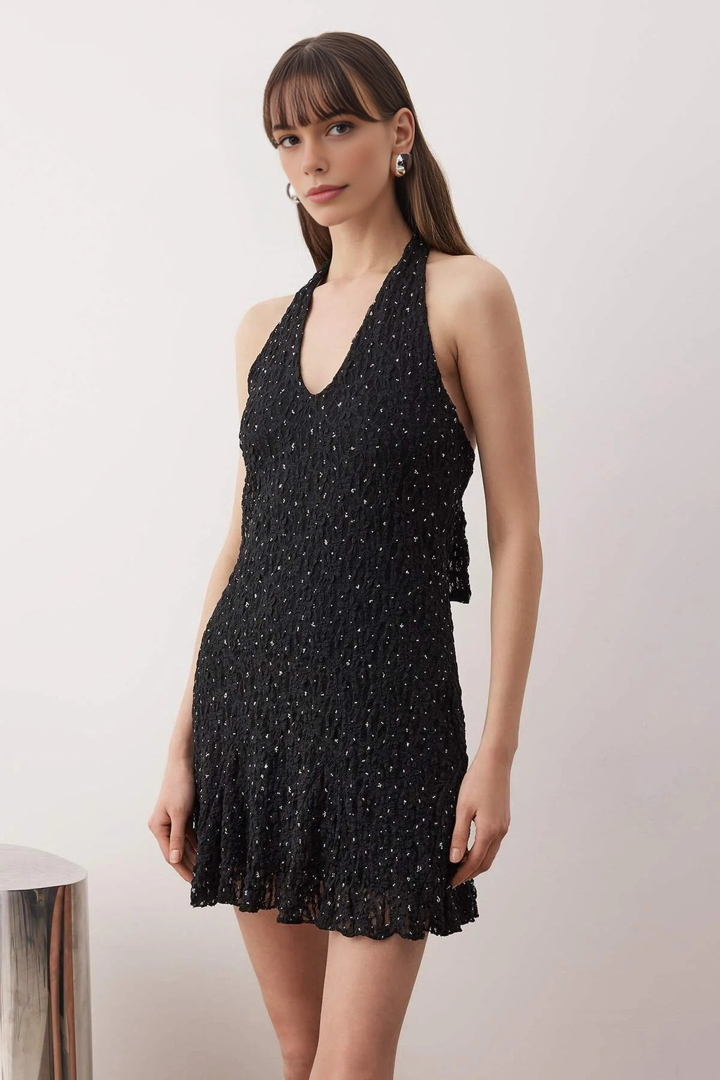 Halter Neck Lace Mini Lined Dress with Stone Print