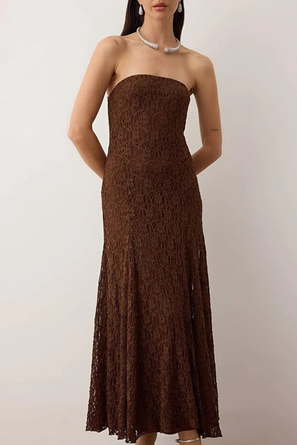 Lace Strapless Midi Lined Dress