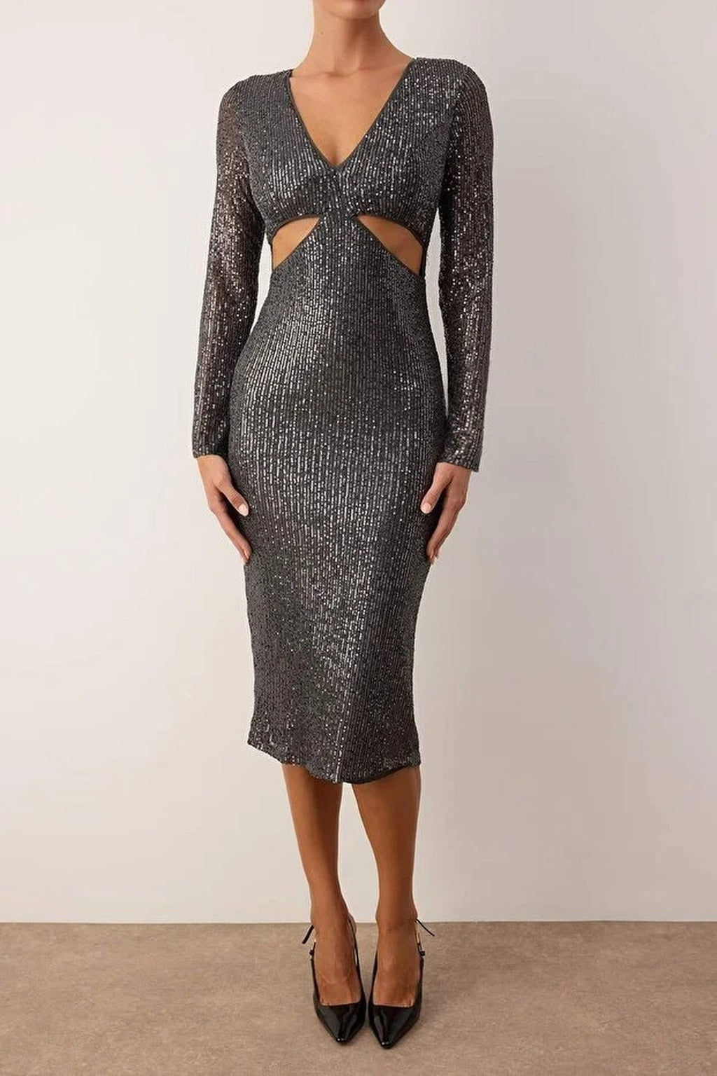 Cut Out Detailed Knit Sequin Midi Lined Evening Dress
