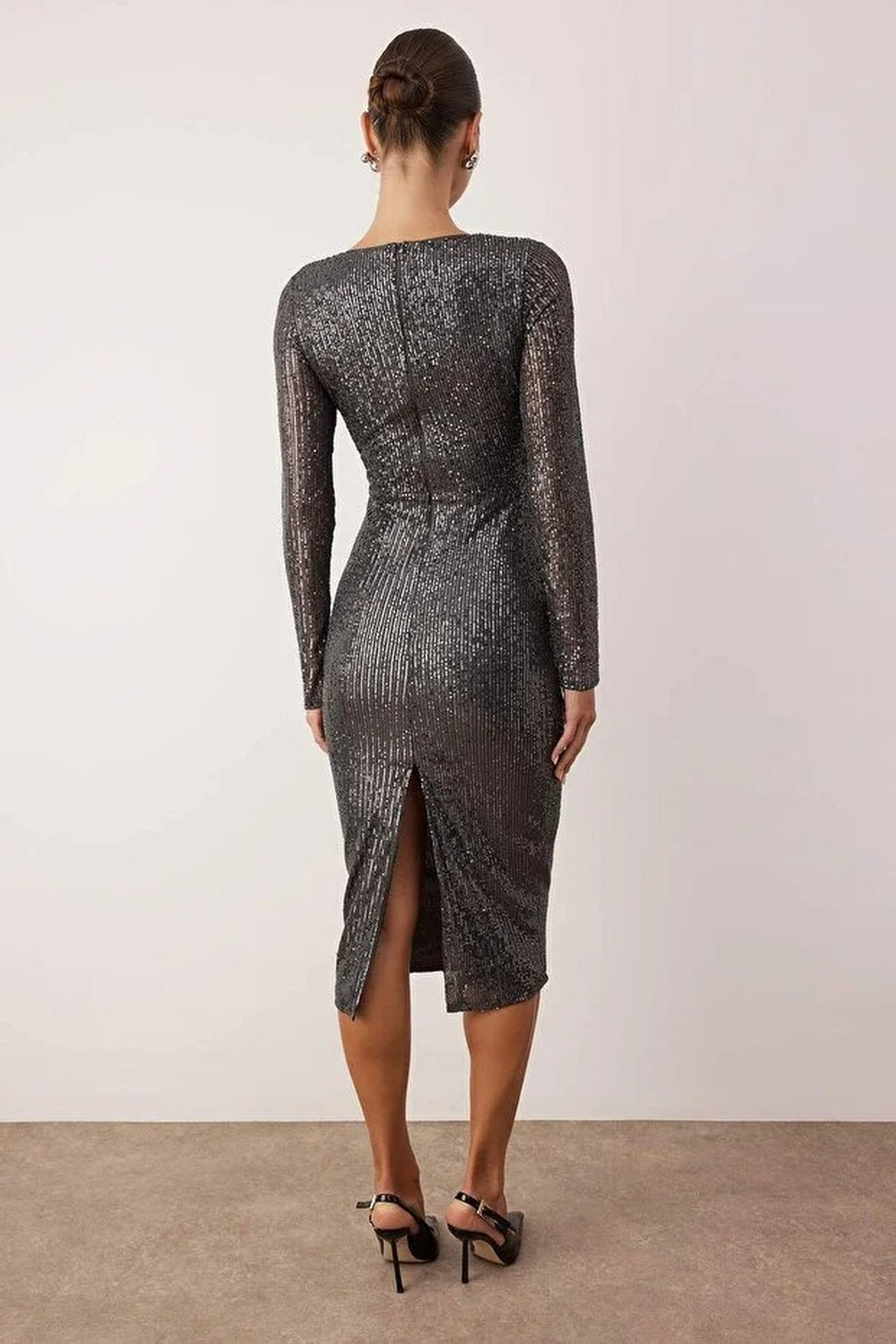 Cut Out Detailed Knit Sequin Midi Lined Evening Dress