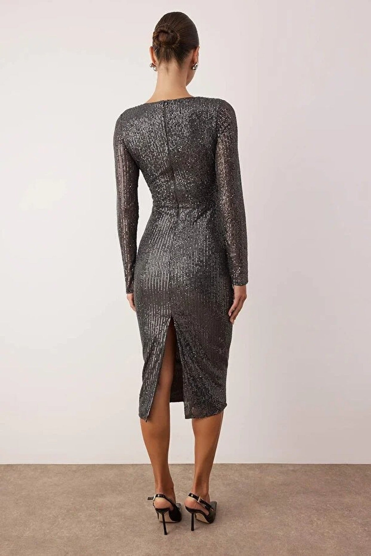 Cut Out Detailed Knit Sequin Midi Lined Evening Dress