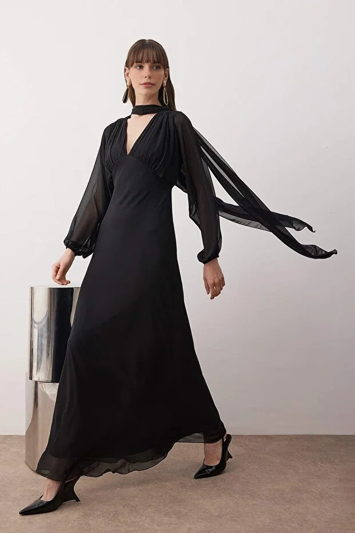 Woven Chiffon Elegant Maxi Evening Dress with Shawl Detail