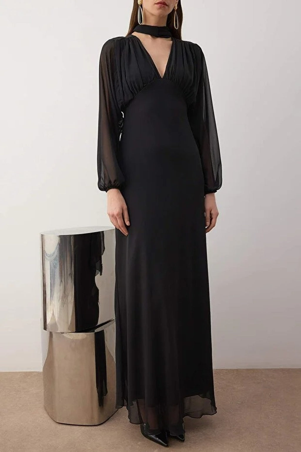 Woven Chiffon Elegant Maxi Evening Dress with Shawl Detail