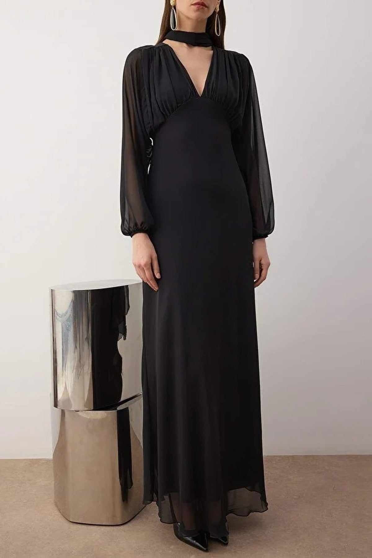 Woven Chiffon Elegant Maxi Evening Dress with Shawl Detail