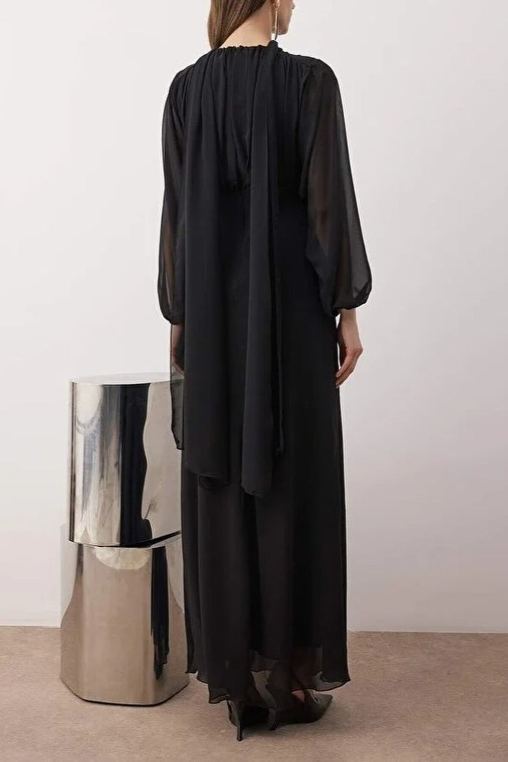 Woven Chiffon Elegant Maxi Evening Dress with Shawl Detail