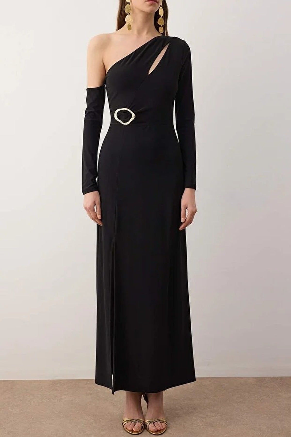 Knit Maxi Evening Dress with Cut Out and Accessory Details