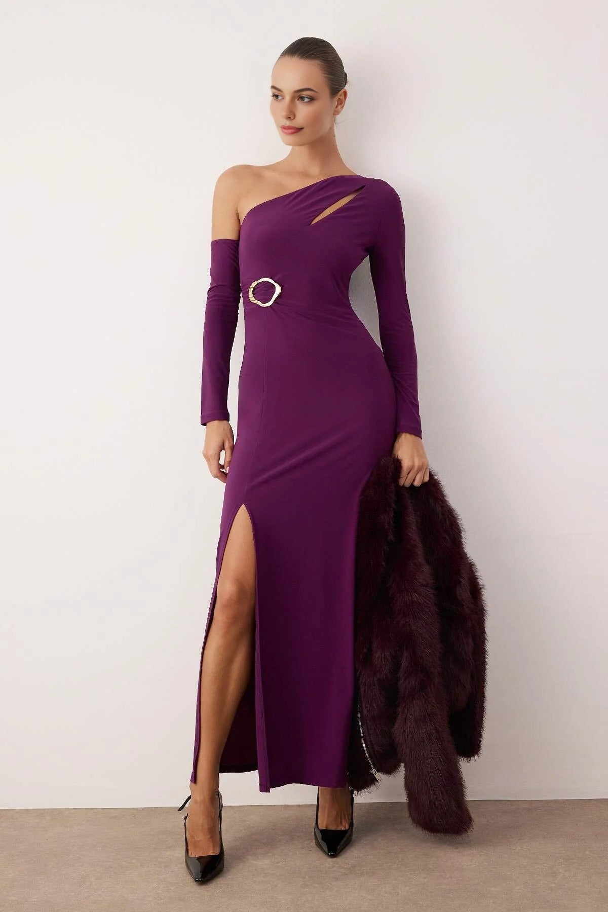 Knit Maxi Evening Dress with Cut Out and Accessory Details