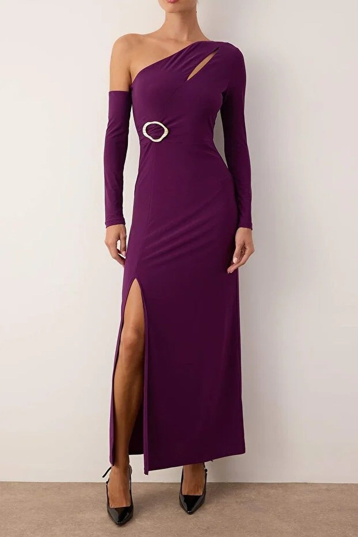 Knit Maxi Evening Dress with Cut Out and Accessory Details