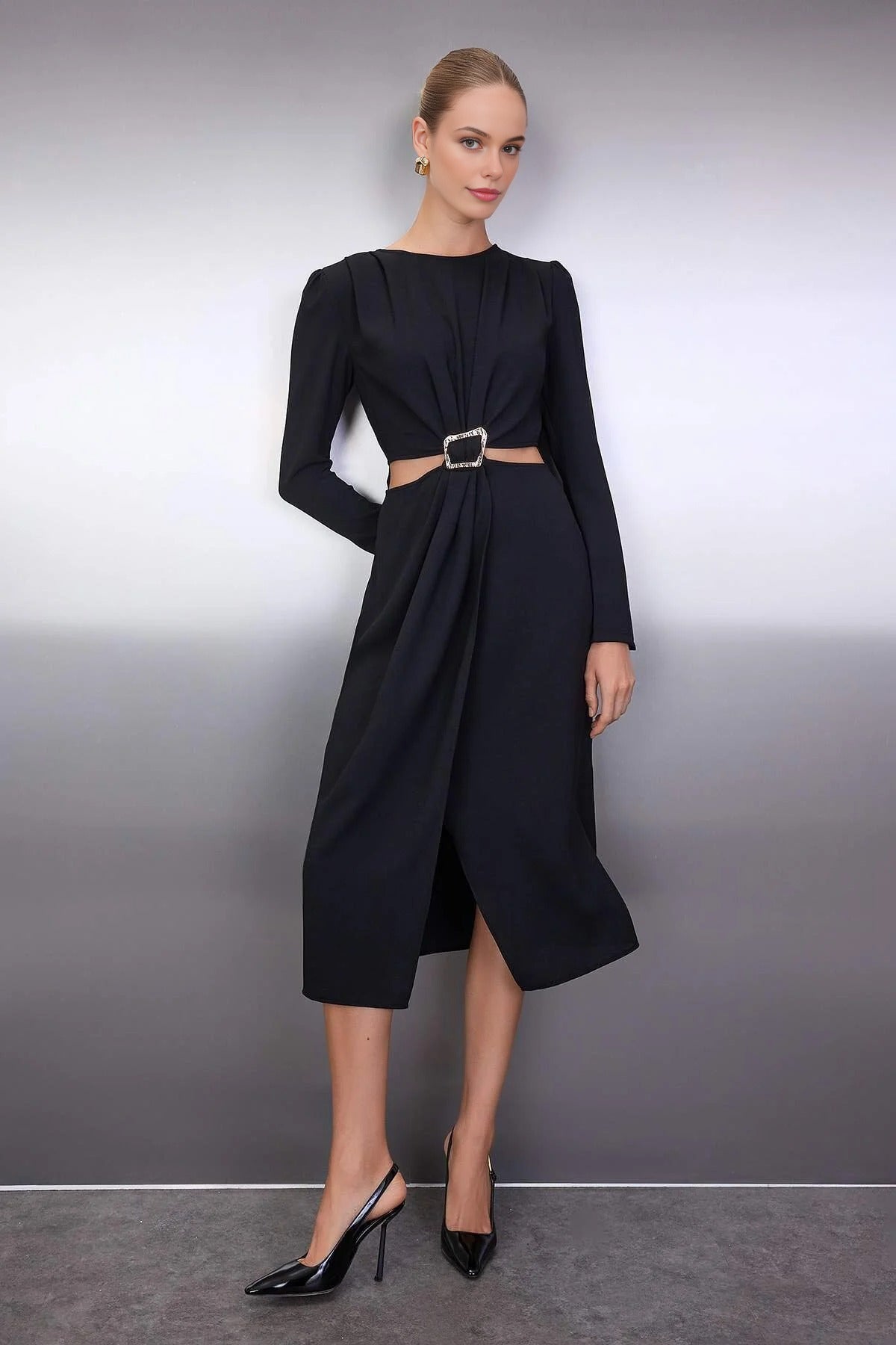 Wrap Skirt Midi Woven Dress with Cut Out and Accessory Detail