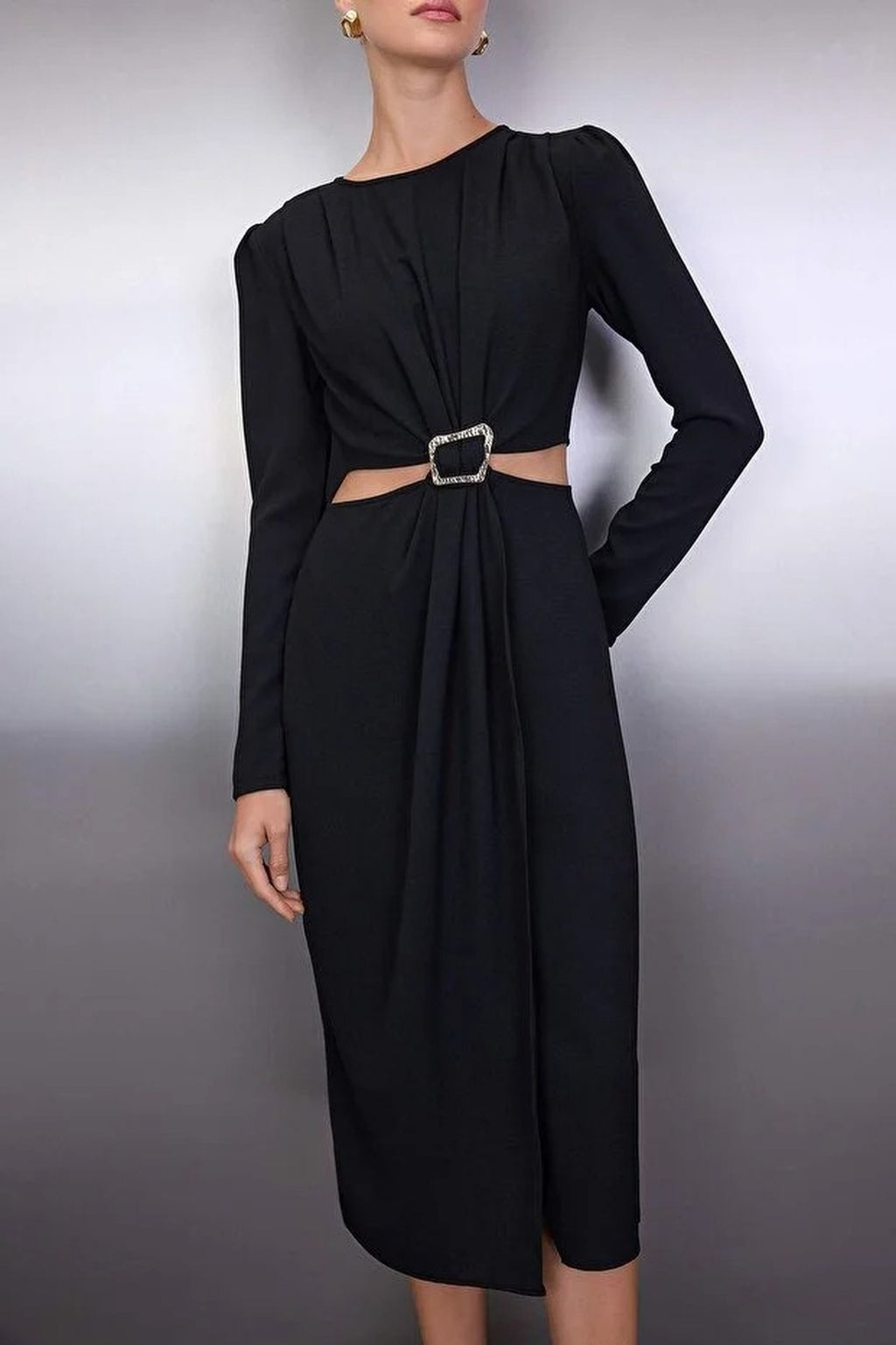 Wrap Skirt Midi Woven Dress with Cut Out and Accessory Detail