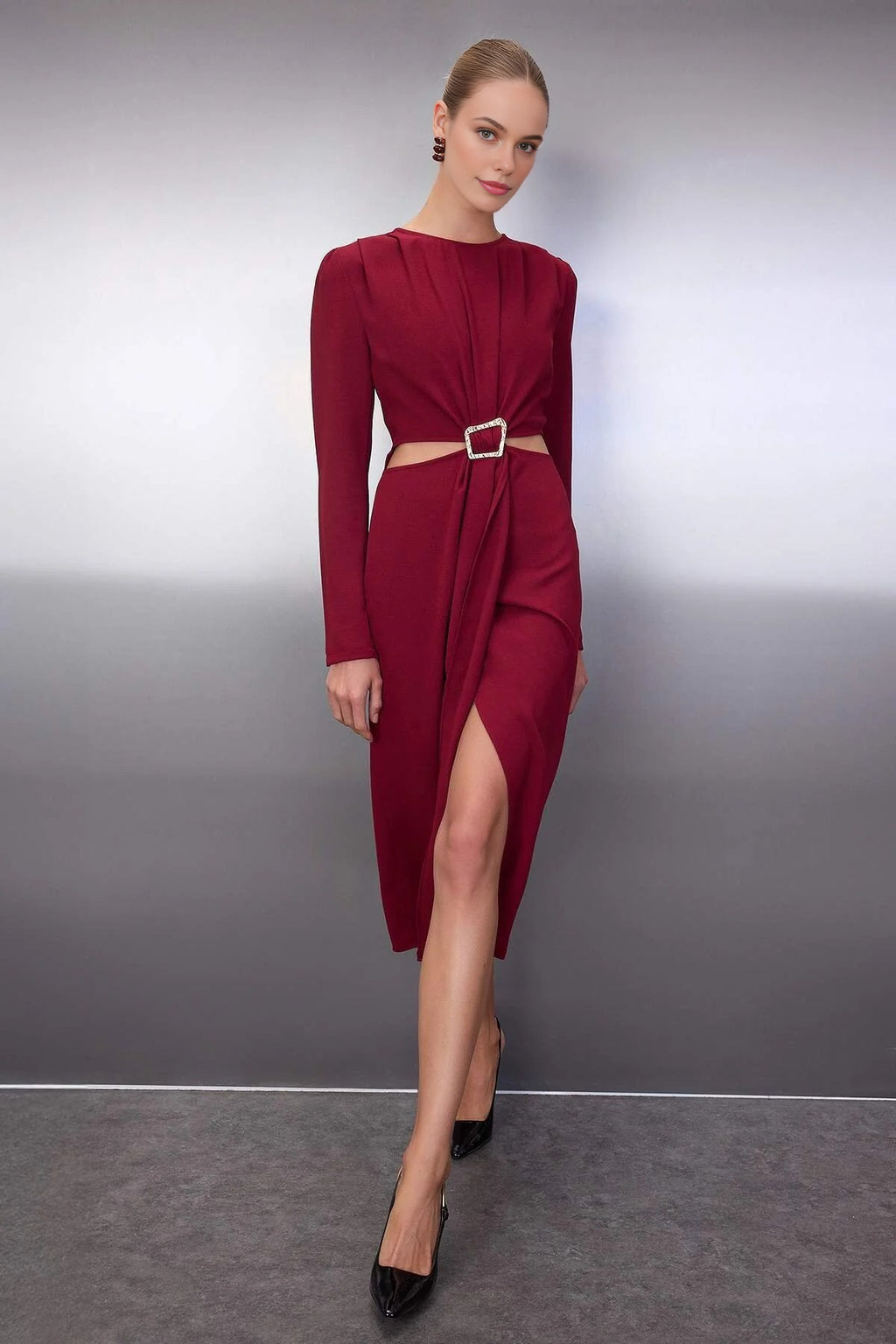 Wrap Skirt Midi Woven Dress with Cut Out and Accessory Detail