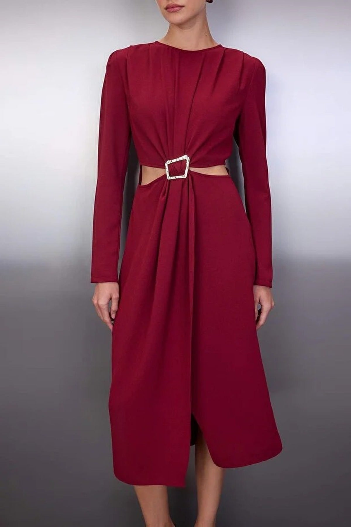 Wrap Skirt Midi Woven Dress with Cut Out and Accessory Detail