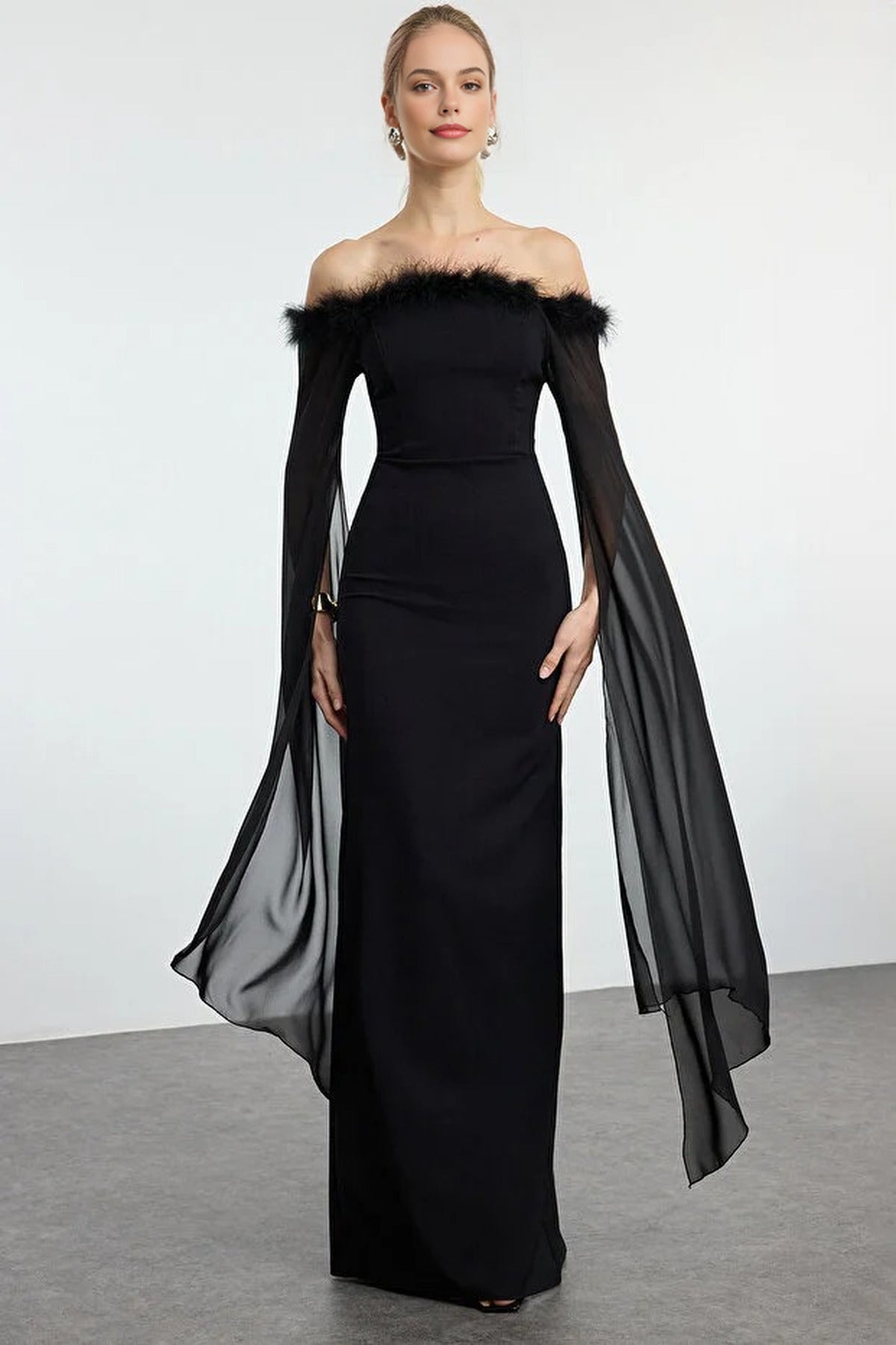 Long Elegant Evening Dress with Sleeve Detail and Pleats