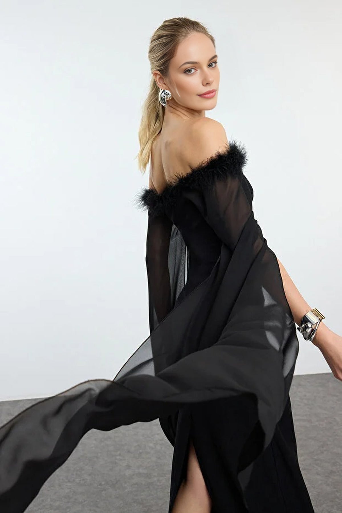 Long Elegant Evening Dress with Sleeve Detail and Pleats