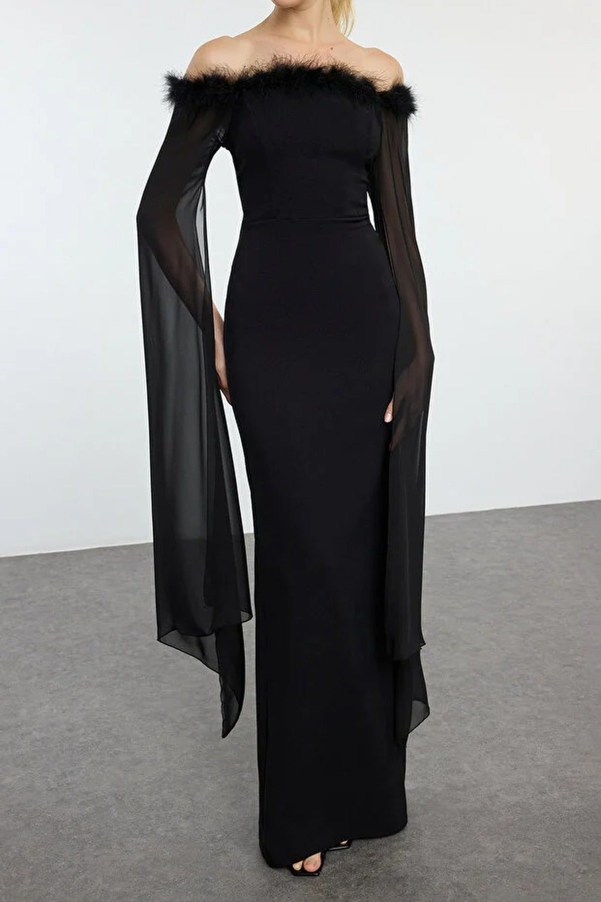 Long Elegant Evening Dress with Sleeve Detail and Pleats