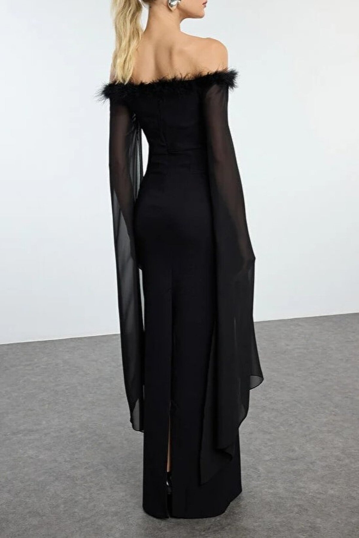 Long Elegant Evening Dress with Sleeve Detail and Pleats