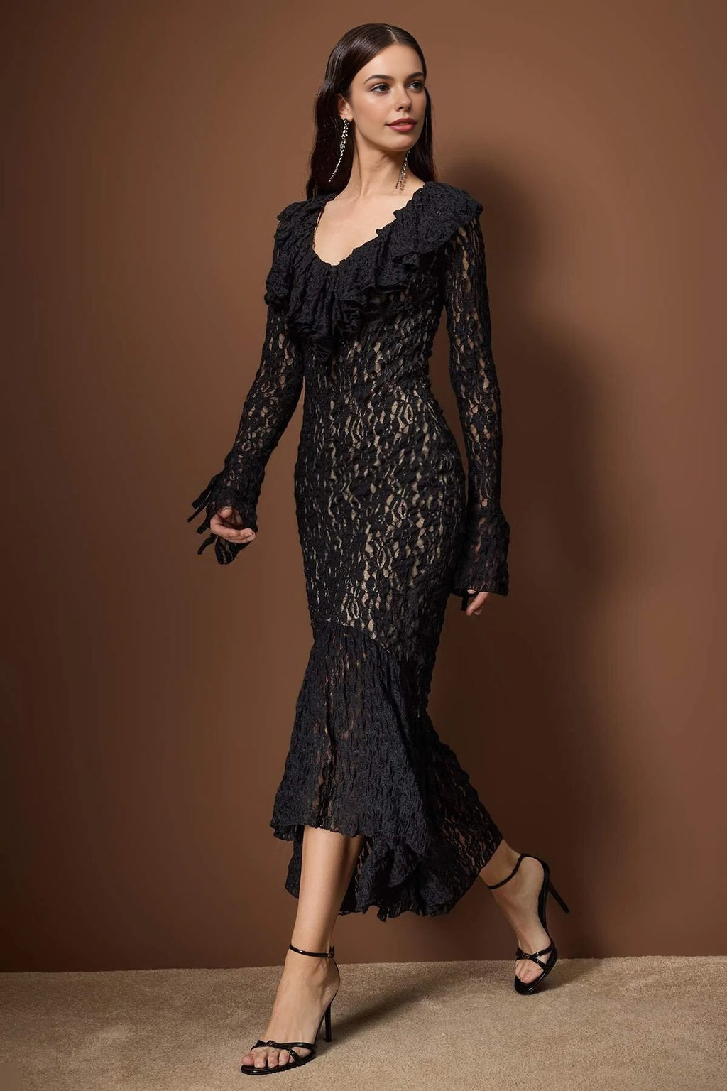Lined Ruffled Lace Evening Dress
