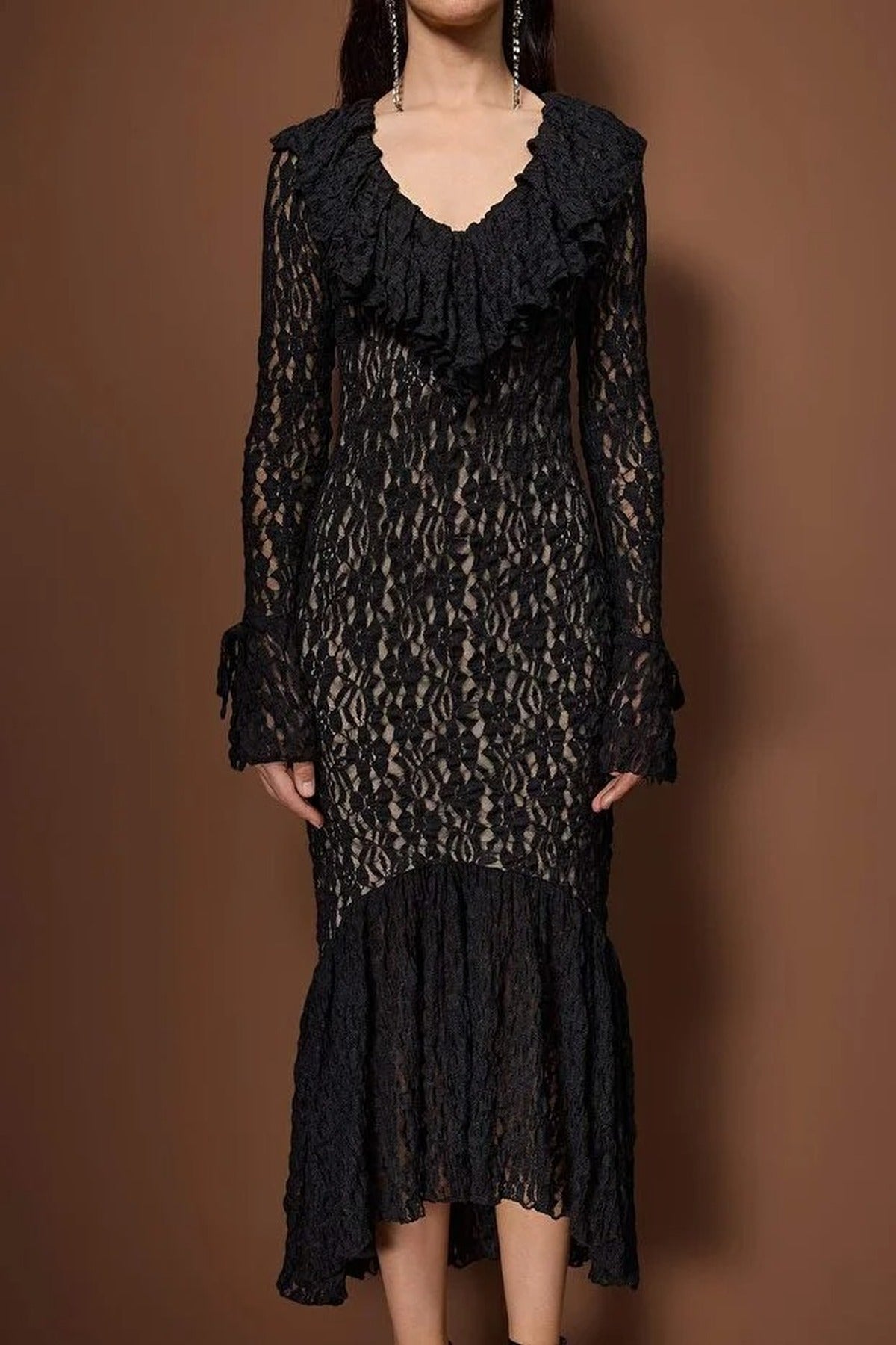 Lined Ruffled Lace Evening Dress