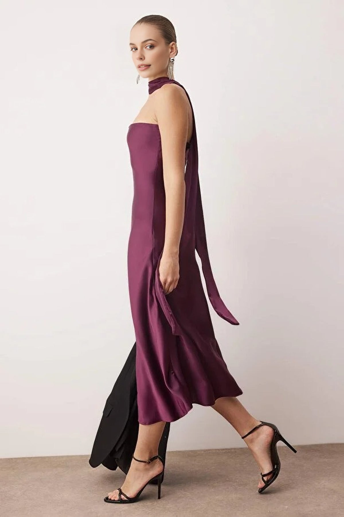 Strapless Satin Evening Dress with Scarf Detail