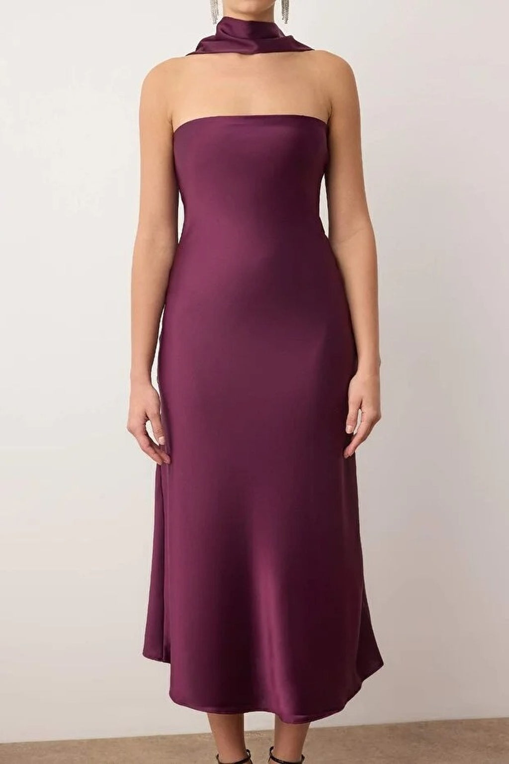 Strapless Satin Evening Dress with Scarf Detail