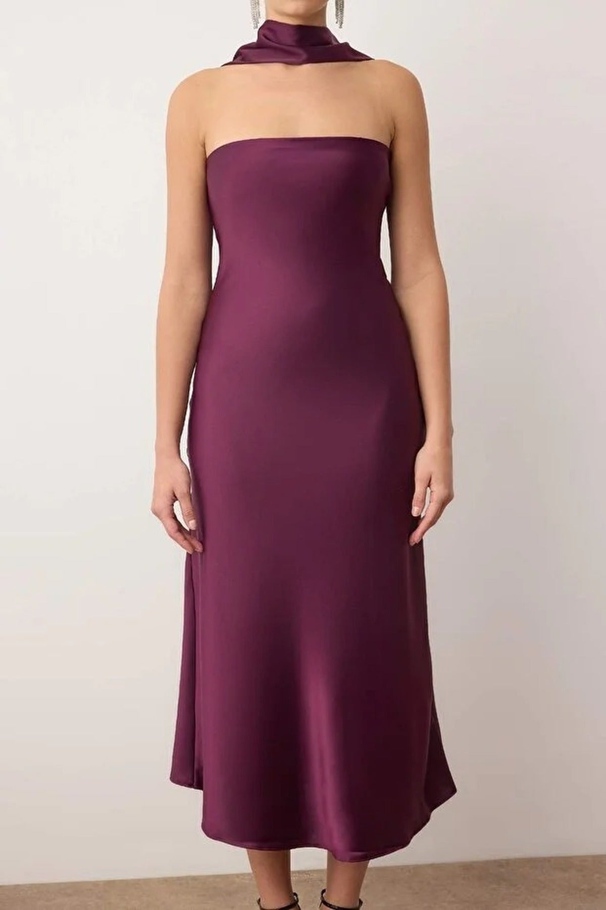Strapless Satin Evening Dress with Scarf Detail