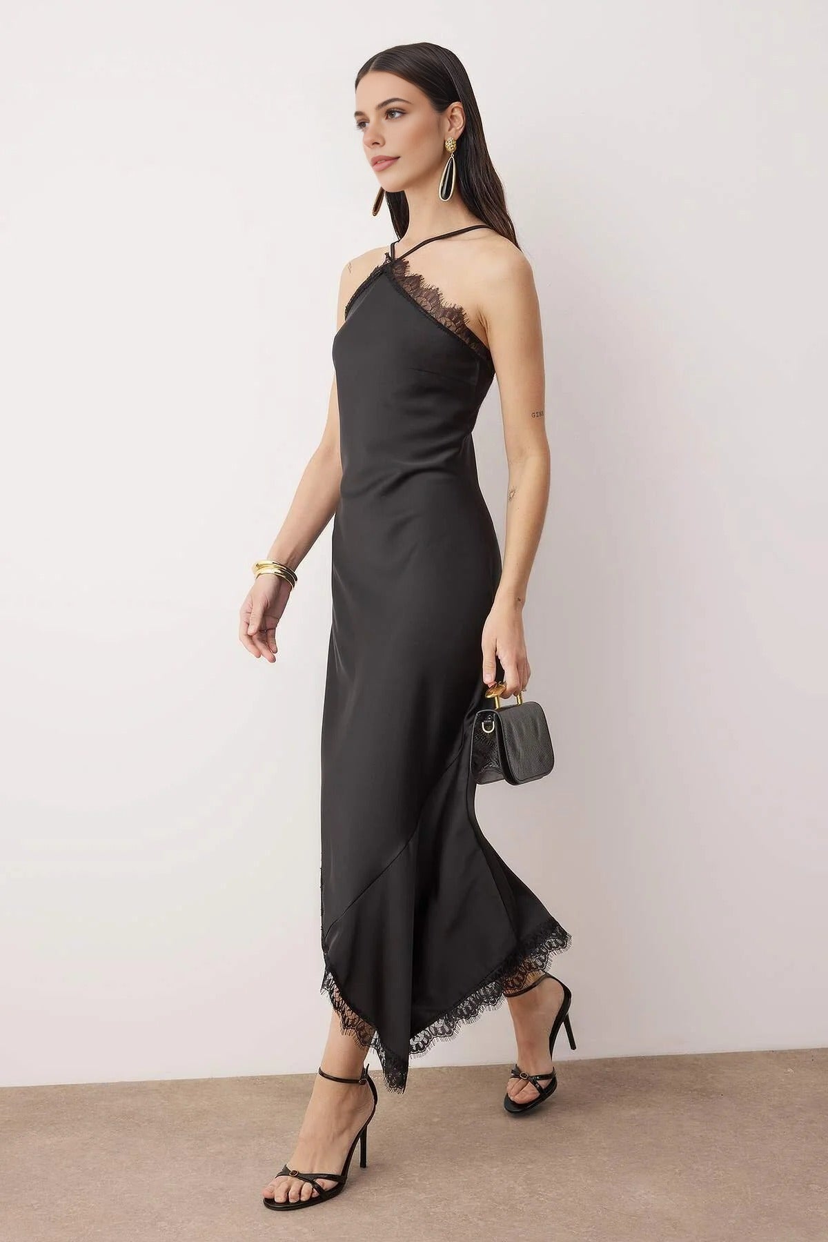 Lace-Detailed Woven Satin Midi Unlined Evening Dress