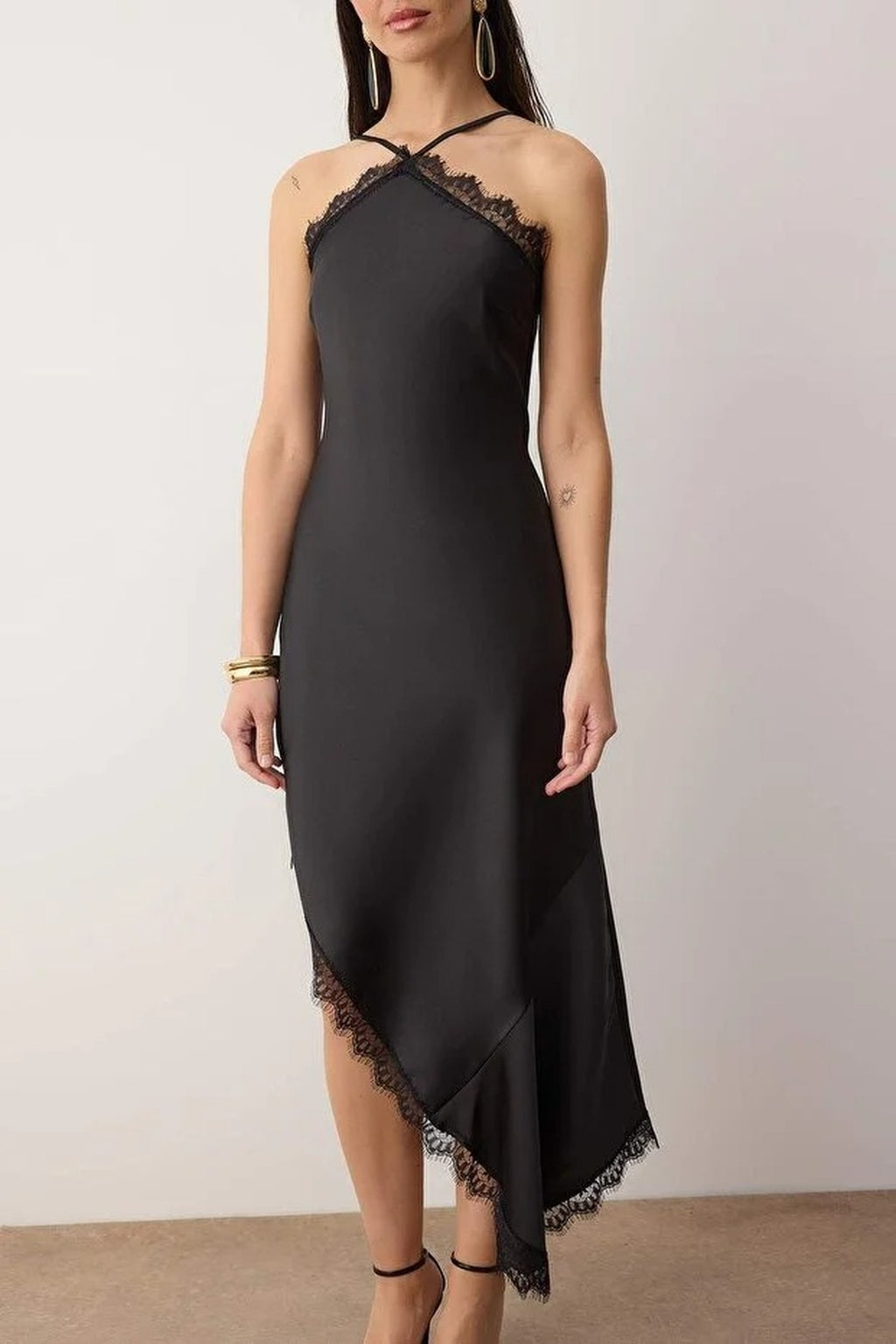 Lace-Detailed Woven Satin Midi Unlined Evening Dress