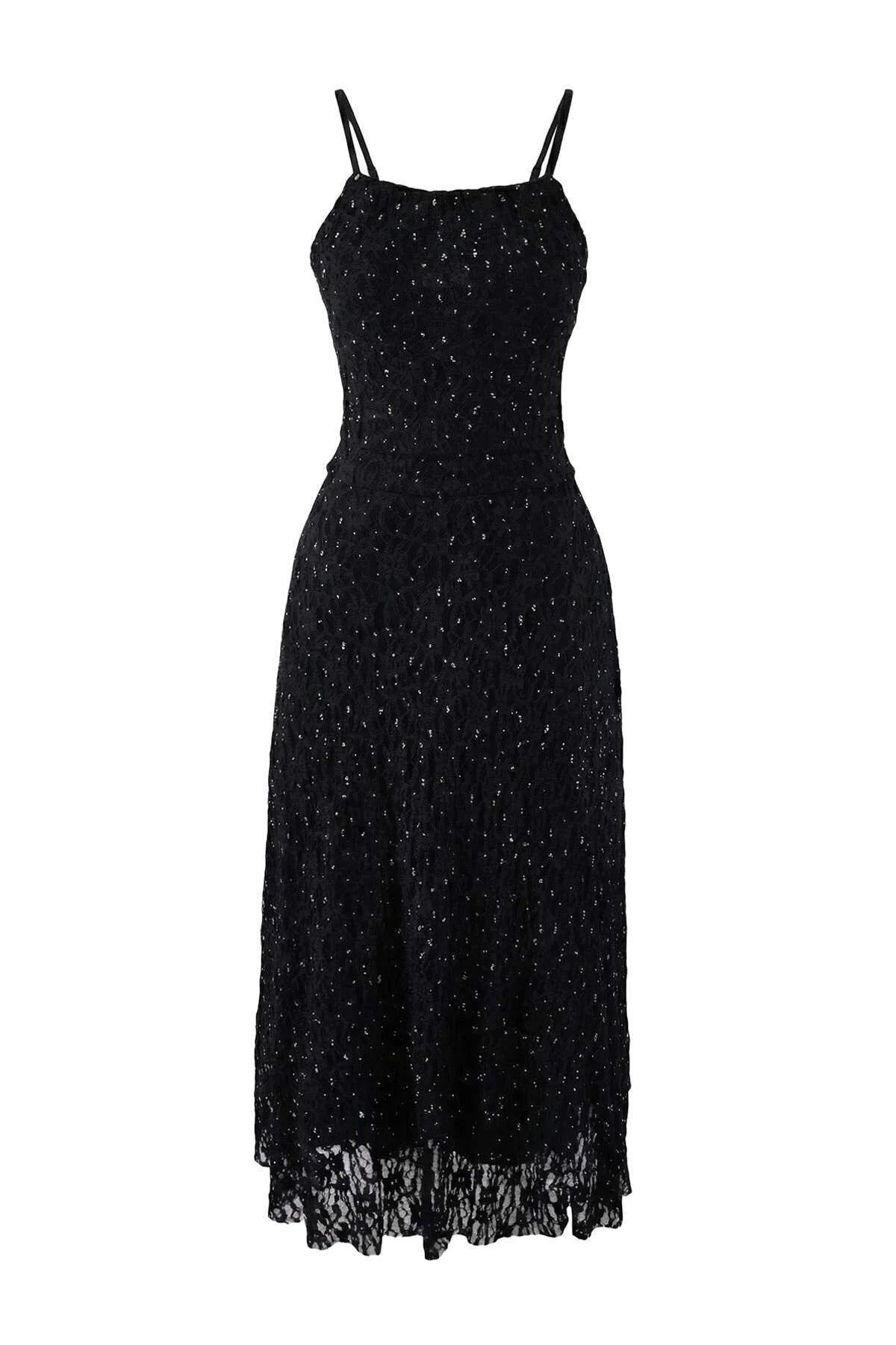 Lace and Tulle Lined Midi Dress with Stone Embellishments