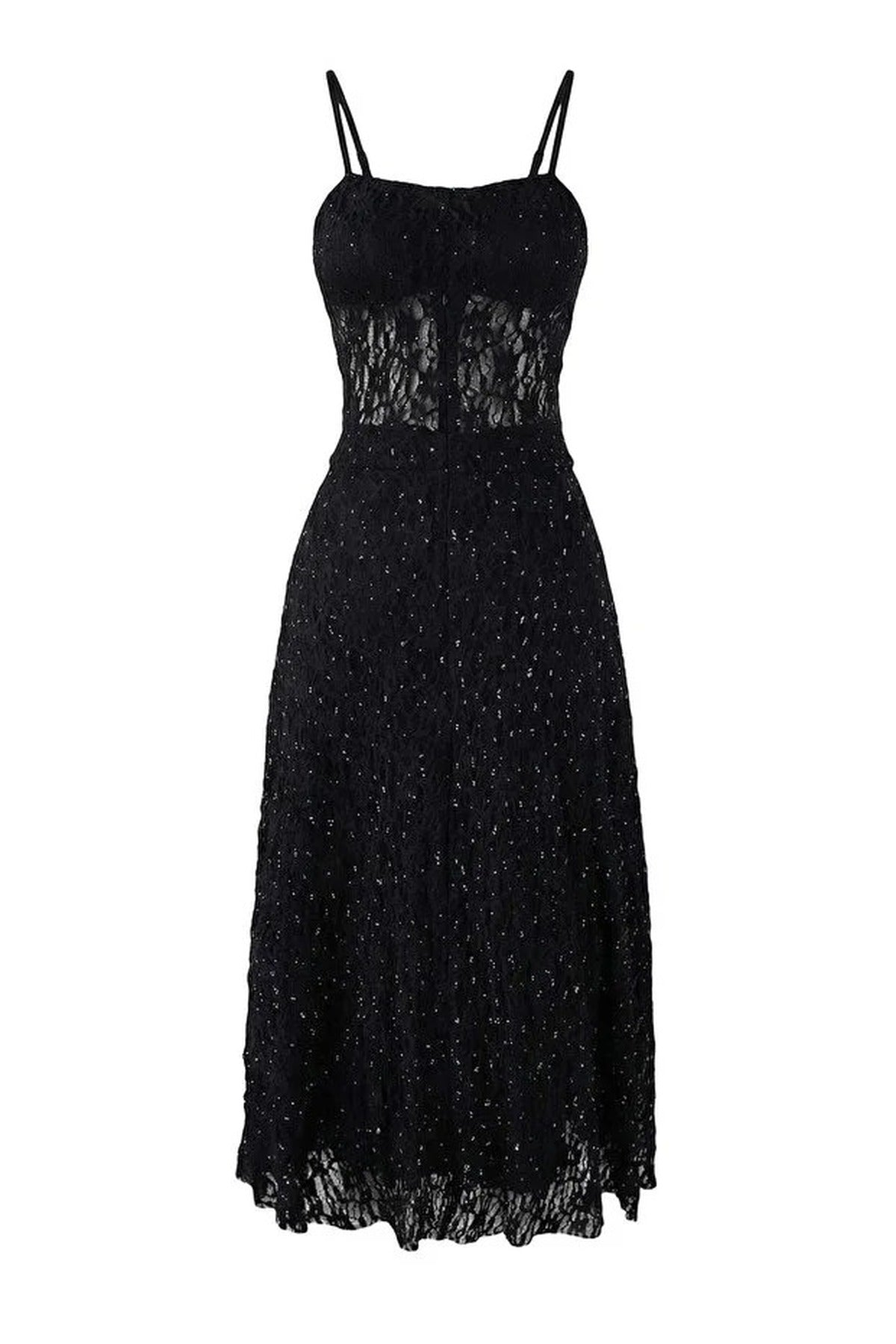 Lace and Tulle Lined Midi Dress with Stone Embellishments