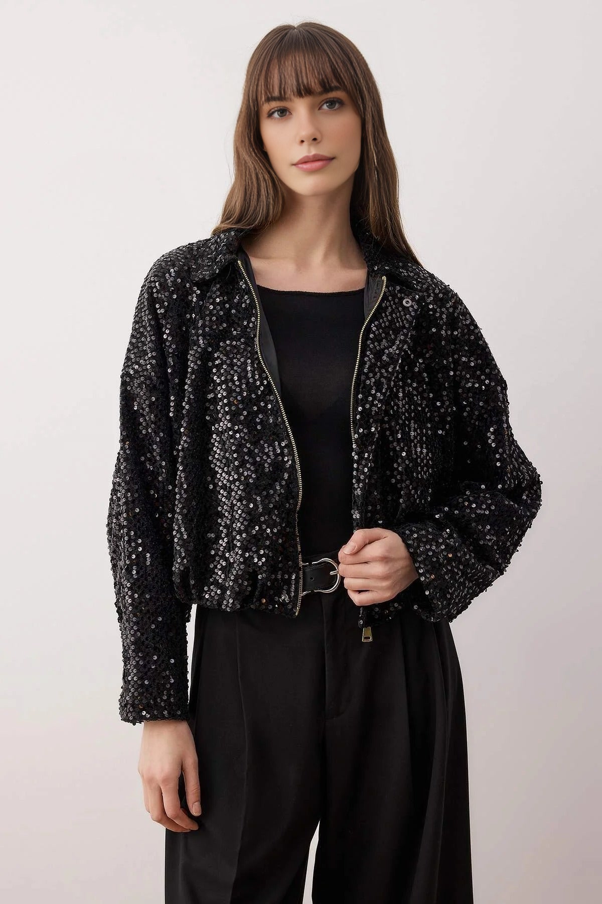 Regular Sequined Zippered Jacket