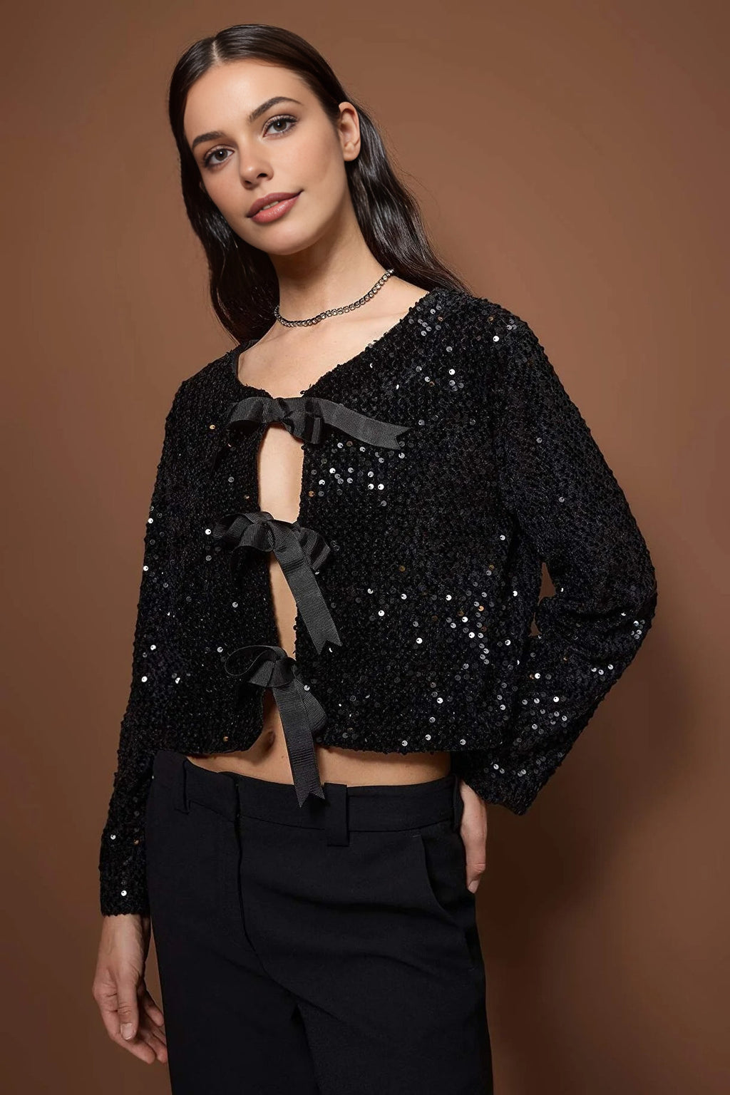 Front-Tie Sequin Party Jacket